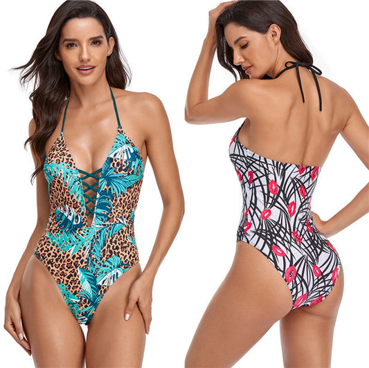 Digital Printed Cross Strap Triangle One Piece Swimsuit